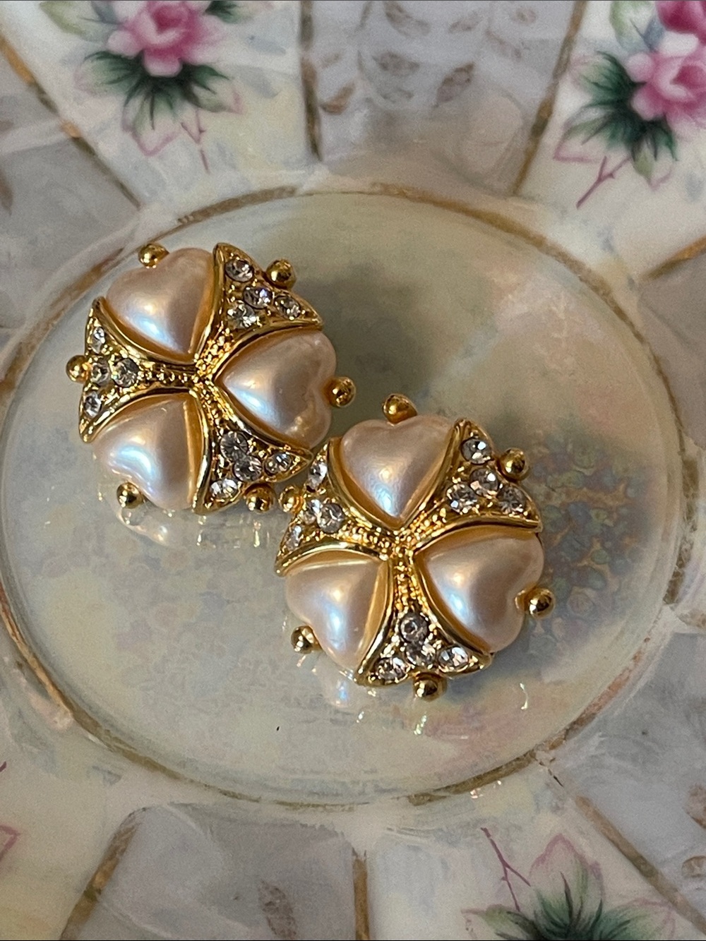 Joan Rivers Faux Pearl & Rhinestone Gold-Tone Heart Clip On Earrings